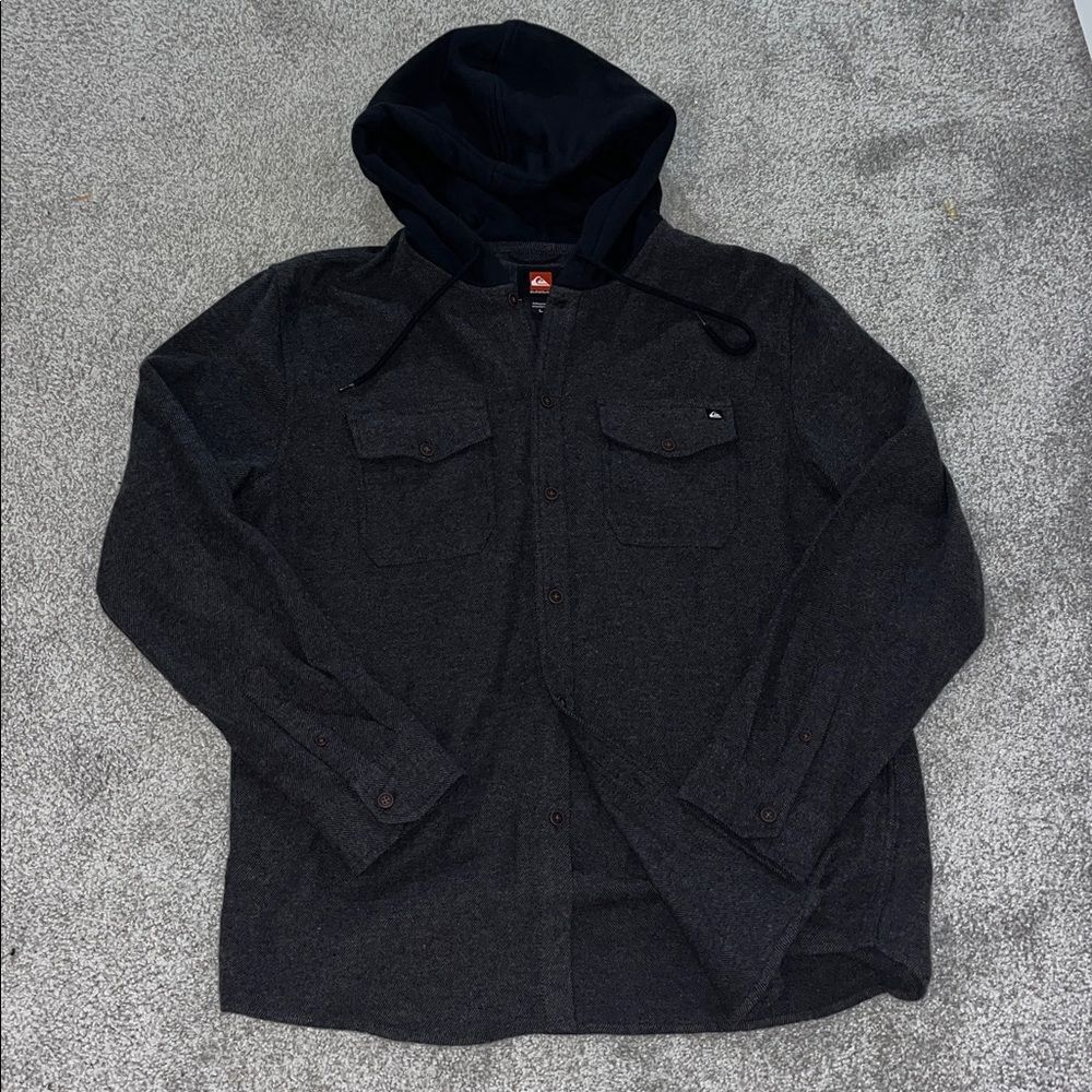 Quiksilver NEW NWOT Gray Black Button Down Hooded Hoodie Sweatshirt Shirt L